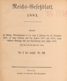 Reichsgesetzblatt : herausgegeben im Reichsministerium des Innern, 1881 nr 1