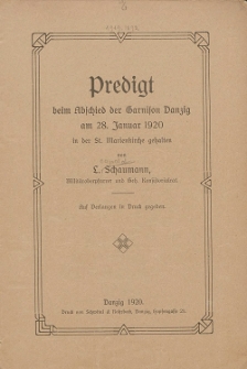 Predigt beim Abschied der Garnison Danzig am 28. Januar 1920 in der St. Marienkirche gehalten