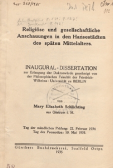Religiöse und gesellschaftliche Anschauungen in den Hansestädten des späten Mittelalters