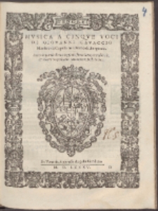Mvsica A Cinqve Voci : Sopra le parole di vna leggiadrissima Canzon Pastorale, [et] alcune Napolitane