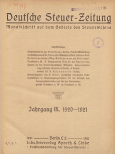 Deutsche Steuer Zeitung : Älteste Monatsschrift auf dem Gebiete des Steuerwesens, 1920 nr 9