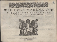 Di Lvca Marenzio Il Terzo Libro De Madrigali A Cinqve Voci.