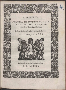 Corona Di Dodici Sonetti Di Gio. Battista Zvccarini [...] Posta in Musica da Dodici Eccellentiss. Auttori : A Cinqve Voci.