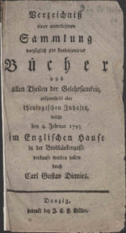 Continuatio IV. Catalogus von allerhand B&uuml;chern, welche in der Frankfurter und Leipziger Michaelis-Messe 1783 angeschaffet, und um beygesetzte Preise, nebst vielen andern zu haben sind, bey Heinrich Carl Br&uuml;ckner, Buchh&auml;ndler in Danzig, auf dem Buttermarkt in Hrn. Johann Christian Kositzky Behausung.