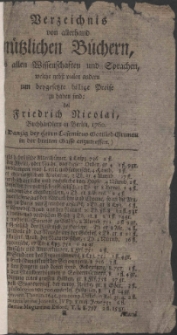 Verzeichniß von allerhand nützlichen Büchern, aus allen Wissenschaften und Sprachen, welche nebst vielen andern um beygesetzte billige Preise zu haben sind: bei Friedrich Nicolai, Buchhändlern in Berlin, 1760.
