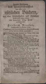 Zweyte Fortsetzung des Verzeichnisses von allerhand n&uuml;tzlichen B&uuml;chern, aus allen Wissenschaften und Sprachen welche nebst vielen andern um beygesetzte billige Preise zu haben sind: bei Friedrich Nicolai, Buchh&auml;ndlern in Berlin, 1762.
