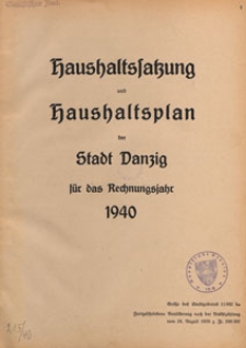 Haushaltssatzung und Haushaltsplan der Stadt Danzig für das Rechnungsjahr 1940