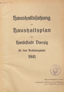 Haushaltssatzung und Haushaltsplan der Stadt Danzig für das Rechnungsjahr 1941