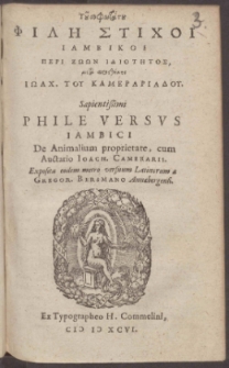 T&ucirc; sophot&aacute;tu Philī Stichoi Iambikoi Peri Zōōn Idiotītos meta Prosthīkīs Iōach