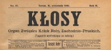 Kłosy : organ Związku Kółek Rolniczych Zachodnio-Pruskich, 1909.09.11 nr 37