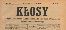 Kłosy : organ Związku Kółek Rolniczych Zachodnio-Pruskich, 1909.09.18 nr 38