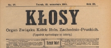 Kłosy : organ Związku K&oacute;łek Rolniczych Zachodnio-Pruskich, 1910.09.10 nr 37