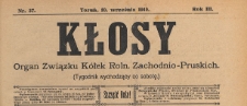 Kłosy : organ Związku Kółek Rolniczych Zachodnio-Pruskich, 1910.09.10 nr 37
