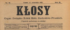 Kłosy : organ Związku K&oacute;łek Rolniczych Zachodnio-Pruskich, 1910.09.17 nr 38