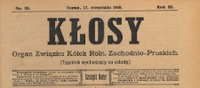 Kłosy : organ Związku Kółek Rolniczych Zachodnio-Pruskich, 1910.09.17 nr 38