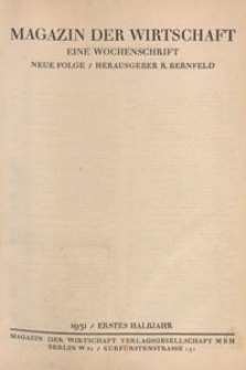 Magazin der Wirtschaft : eine Wochenschrift, 1931, Inhaltsverzeichnis