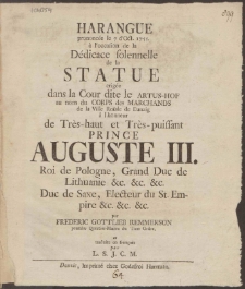 Rede welche bei der feierlichen Einweihung der [...] von der Kaufmannschaft der Königlichen Stadt Danzig im Artus-Hofe [...] gehalten worden, den 7 October Ao 1755