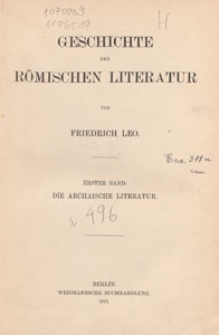 Geschichte der römischen Literatur. Bd. 1, Die archaische Literatur